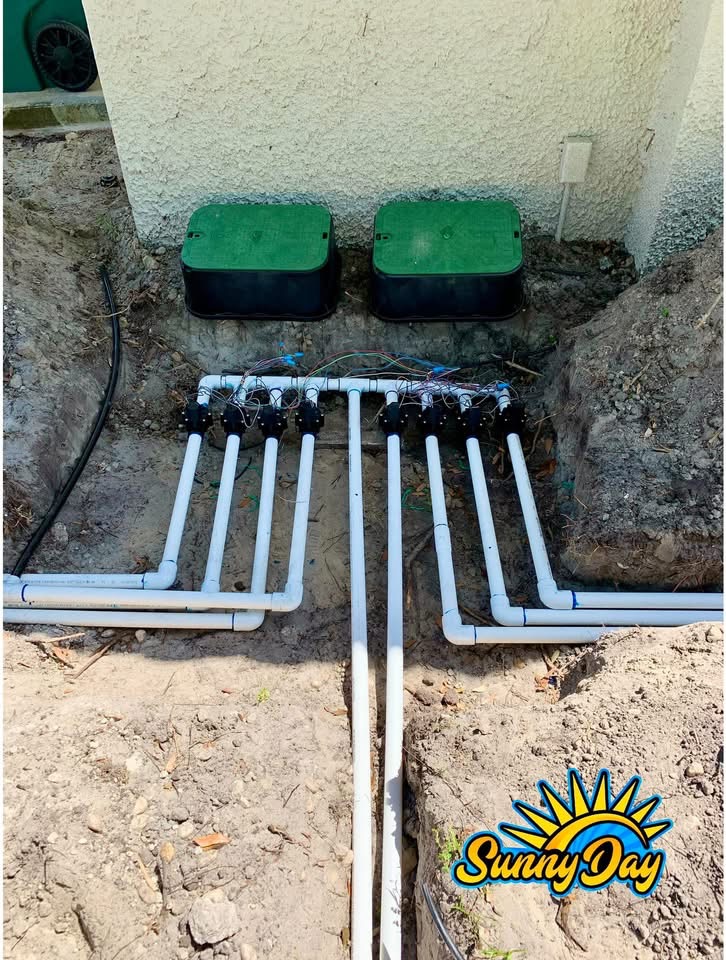 Irrigation control valve boxes and sprinkler manifold installed beside a home