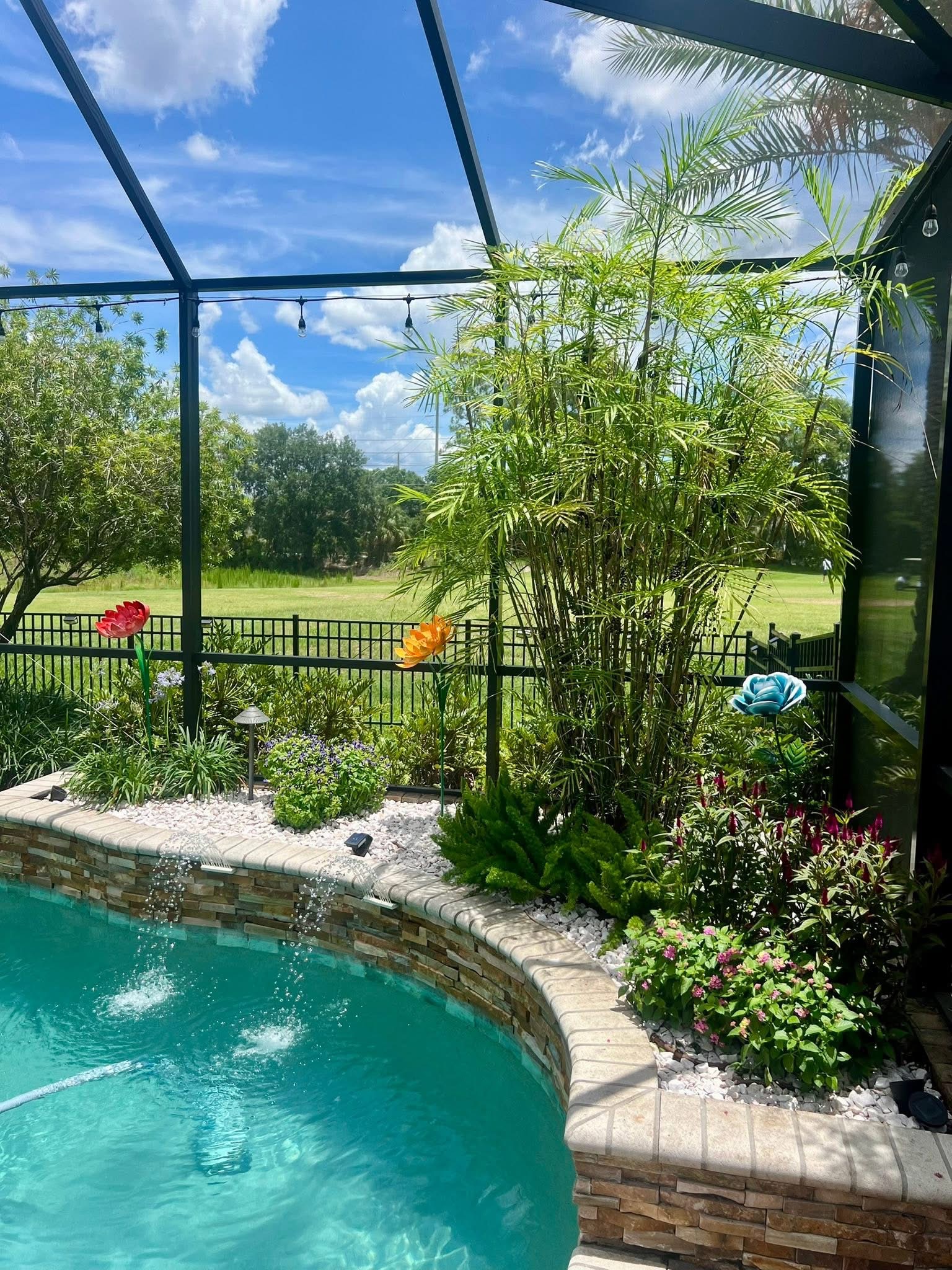 Poolside landscape design with tropical plantings, palms, screened patio, water feature, and stone pool edge